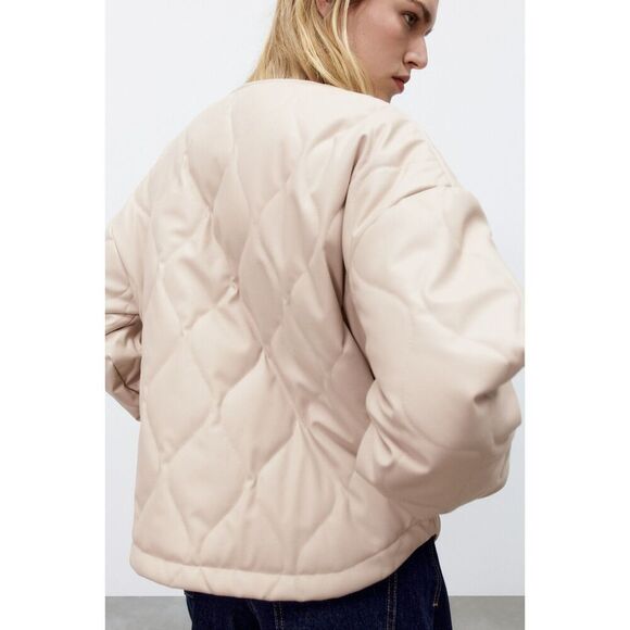 Cream Zara Quilted Pattern Faux Leather Puffer Jacket (NWT) - Picture 6 of 11
